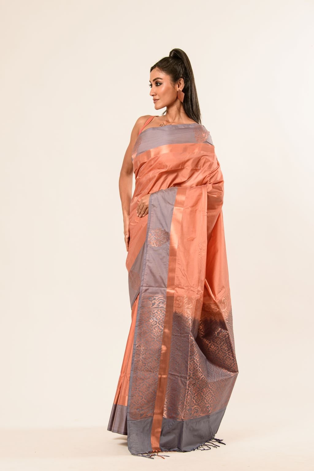 Peach Kanjivaram Silk Saree with Gray Border - Anvi Couture - Image 2