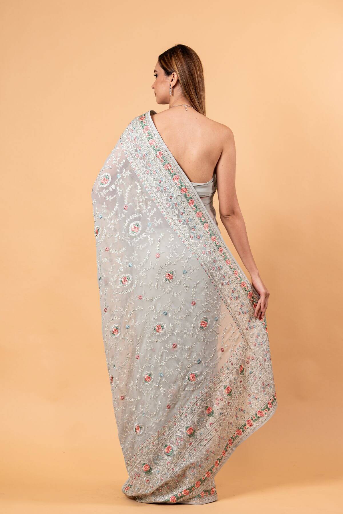 Gray Georgette Chikankari Saree with Multicolor Floral Embroidery - Anvi Couture