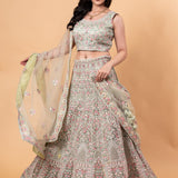 Net Pastel Lehenga and Choli Set with All Over Handwork Embroidery and Tassel Dupatta