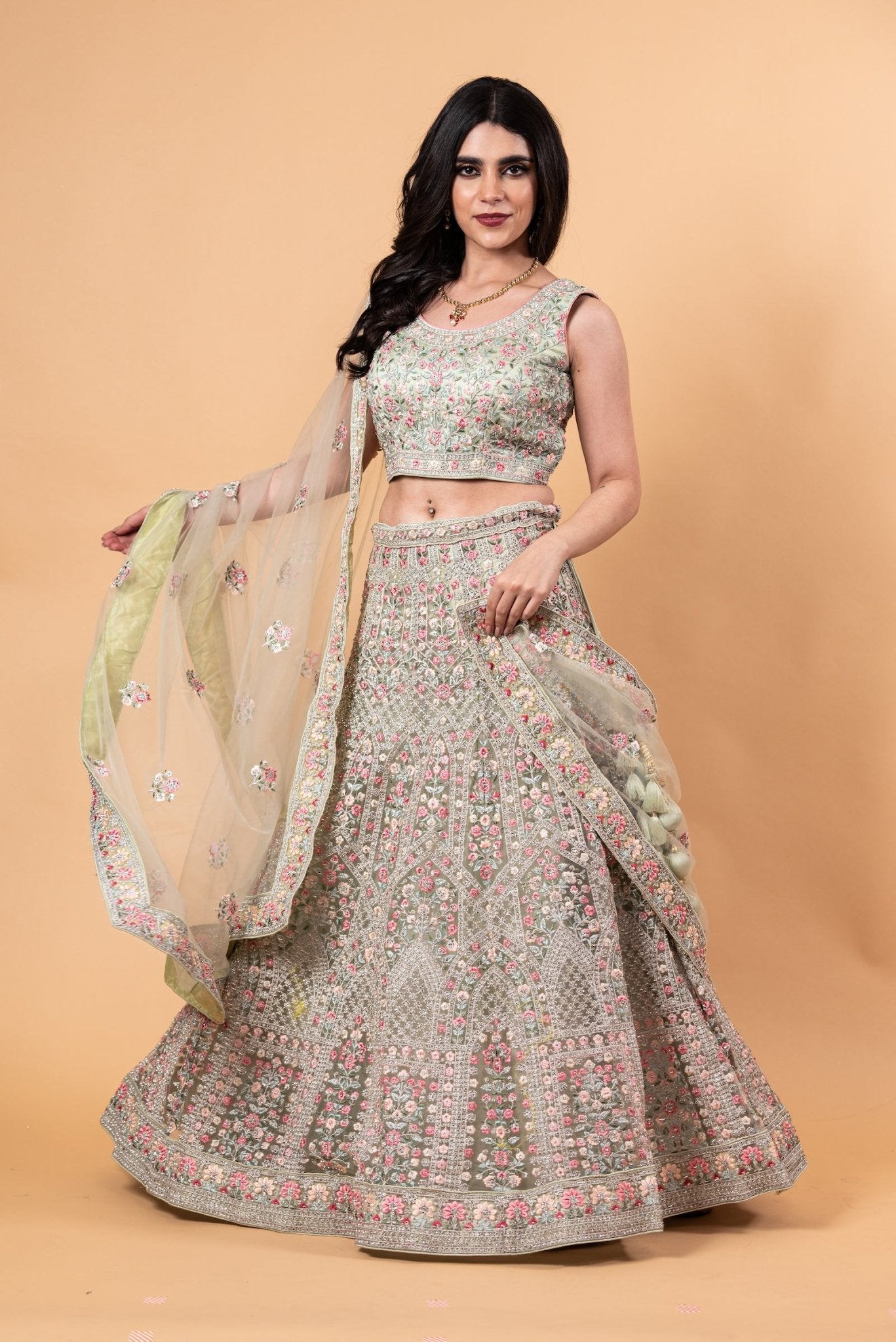Net Pastel Lehenga and Choli Set with All Over Handwork Embroidery and Tassel Dupatta