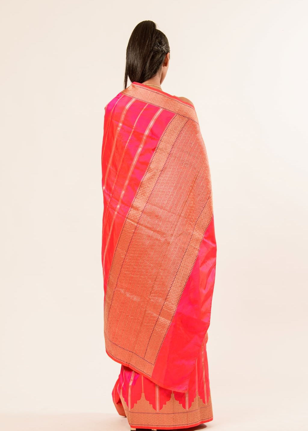 Pink Orange Dual Shade Katan Silk Handwoven Banarasi Saree - Anvi Couture
