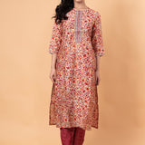 Red Floral Ethnic Motifs Embroidered Kurta with Trousers - Anvi Couture
