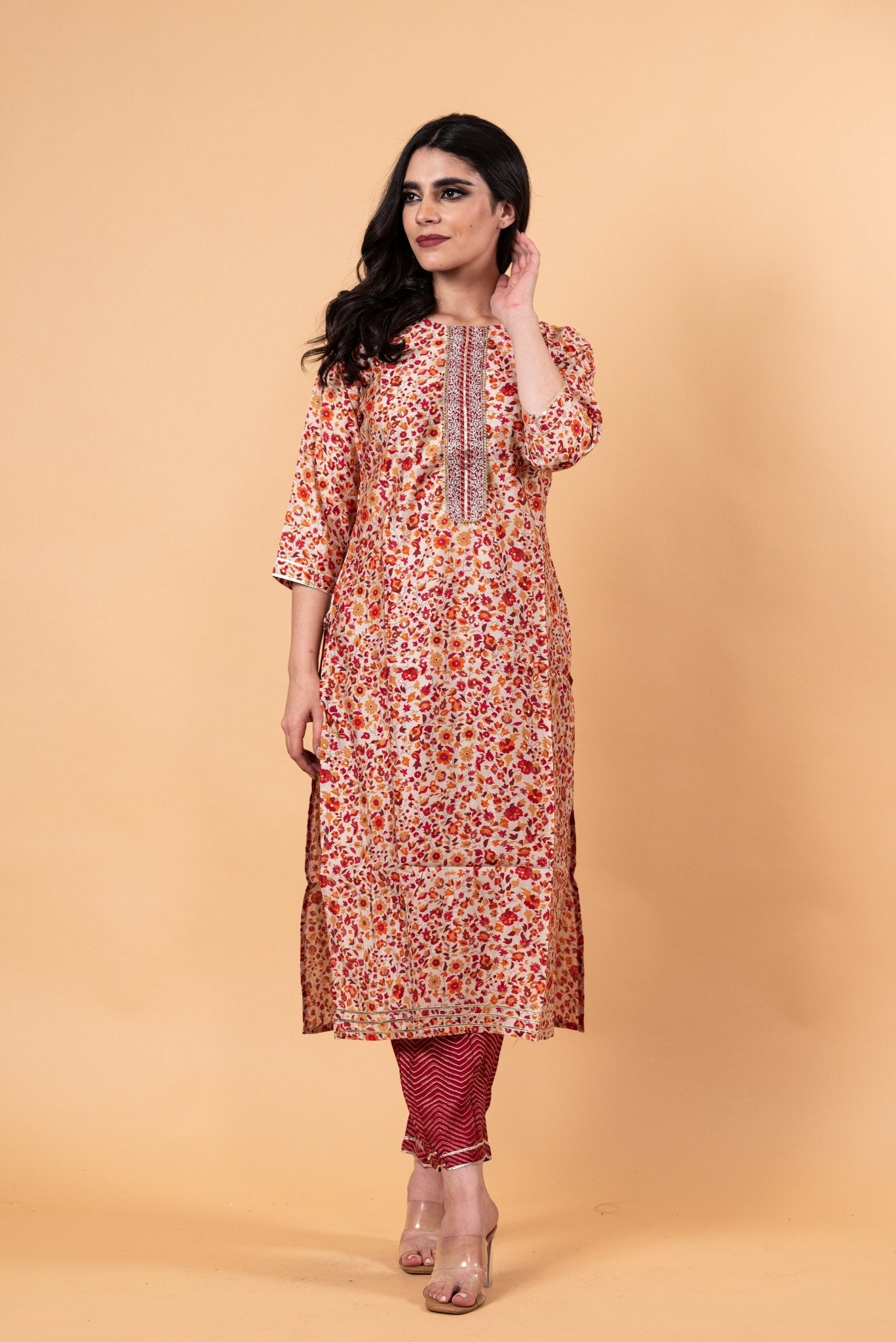 Red Floral Ethnic Motifs Embroidered Kurta with Trousers - Anvi Couture