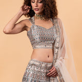 Pastel Grey Printed Lehenga in Embroidery and Stone Highlighted Work - Anvi Couture