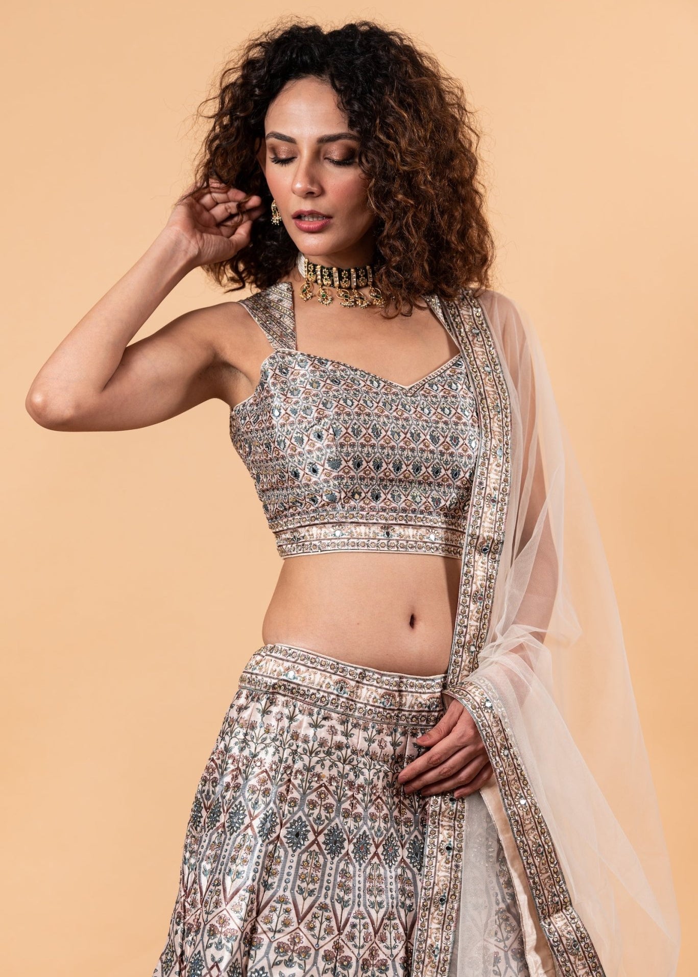 Pastel Grey Printed Lehenga in Embroidery and Stone Highlighted Work - Anvi Couture