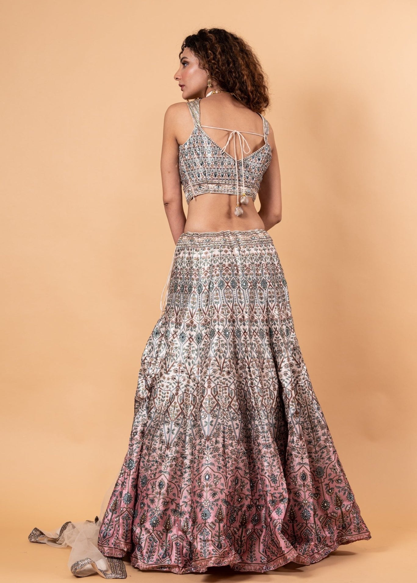 Pastel Gray Printed Lehenga in Embroidery and Stone Highlighted Work - Anvi Couture
