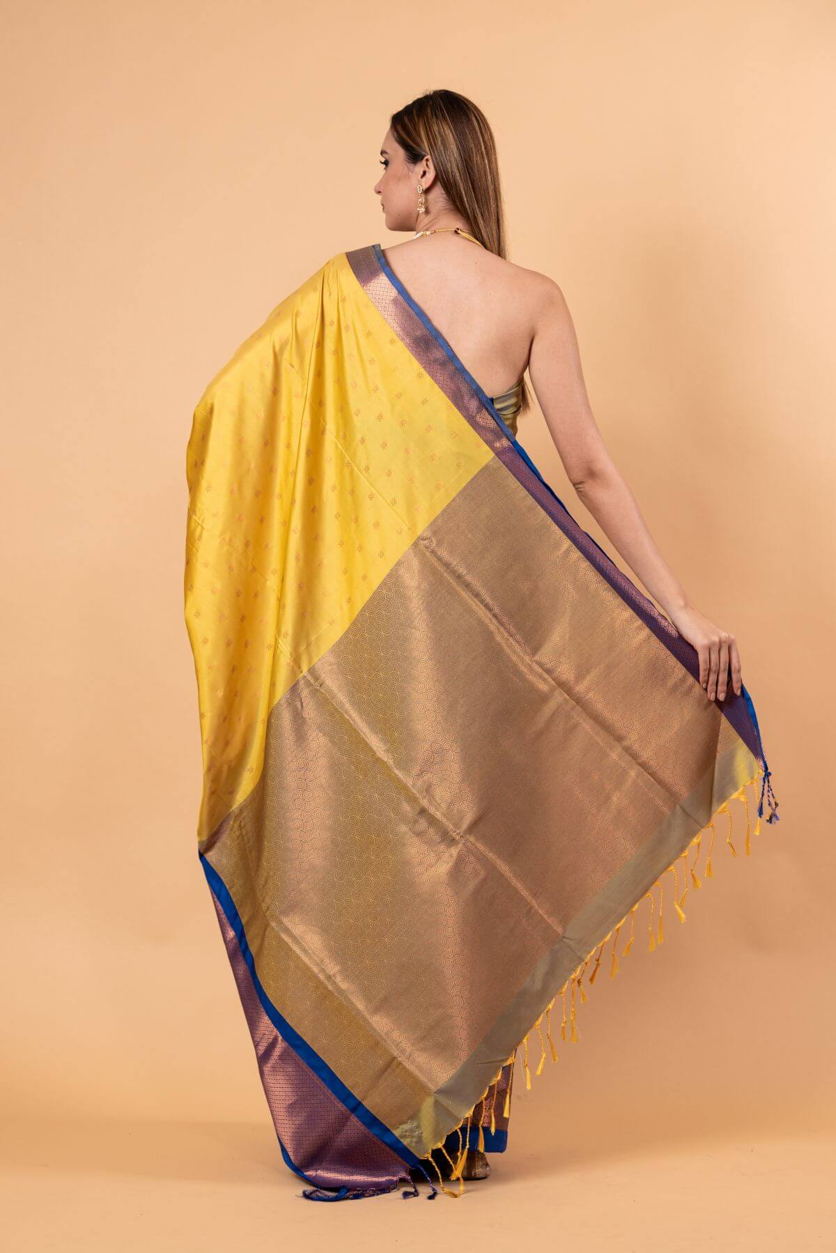Yellow Gadwal Silk Saree with Contrasting Blue and Gold Zari Work - Anvi Couture