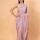 Light Pink Georgette Chikankari Saree with Multicolor Floral Embroidery - Anvi Couture
