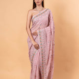 Light Pink Georgette Chikankari Saree with Multicolor Floral Embroidery - Anvi Couture