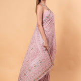 Light Pink Georgette Chikankari Saree with Multicolor Floral Embroidery - Anvi Couture