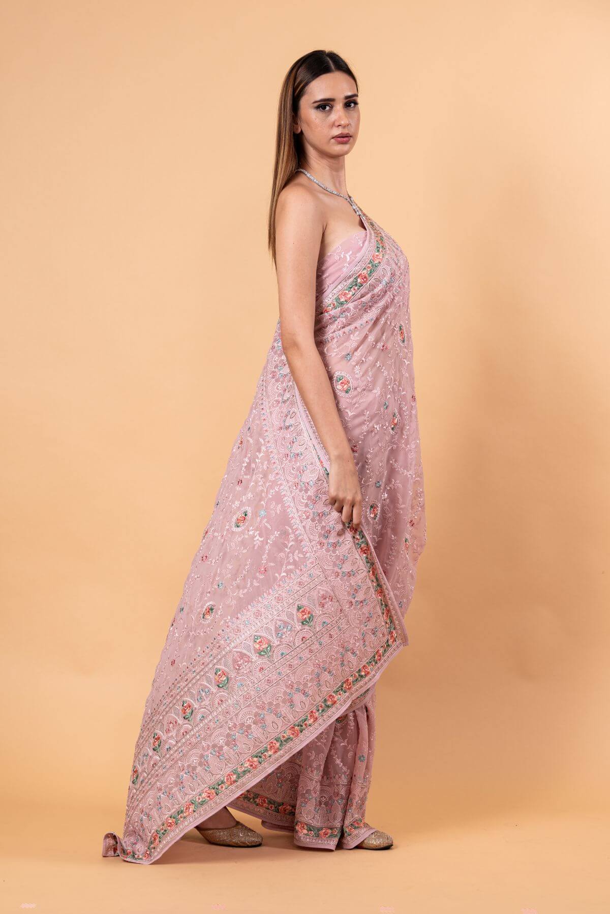 Light Pink Georgette Chikankari Saree with Multicolor Floral Embroidery - Anvi Couture