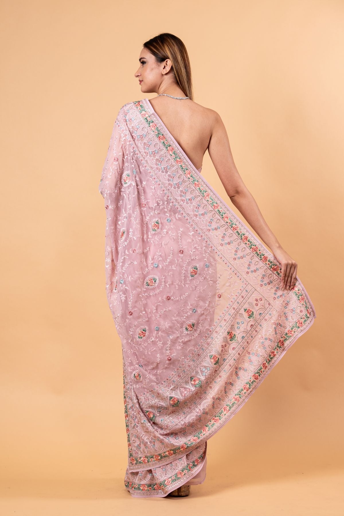 Light Pink Georgette Chikankari Saree with Multicolor Floral Embroidery - Anvi Couture
