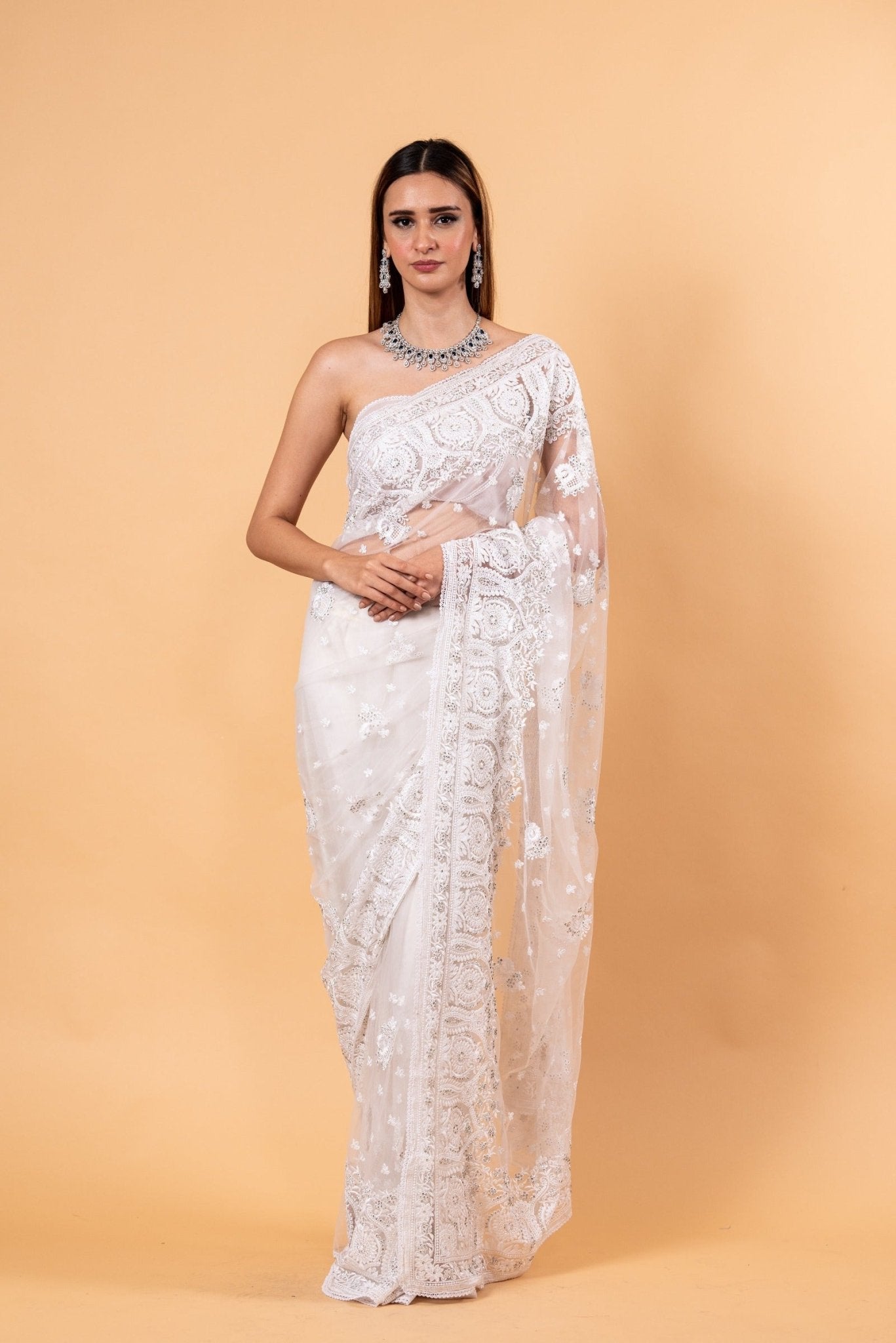 White Designer Net Saree with All over Embroidered Work - Anvi Couture
