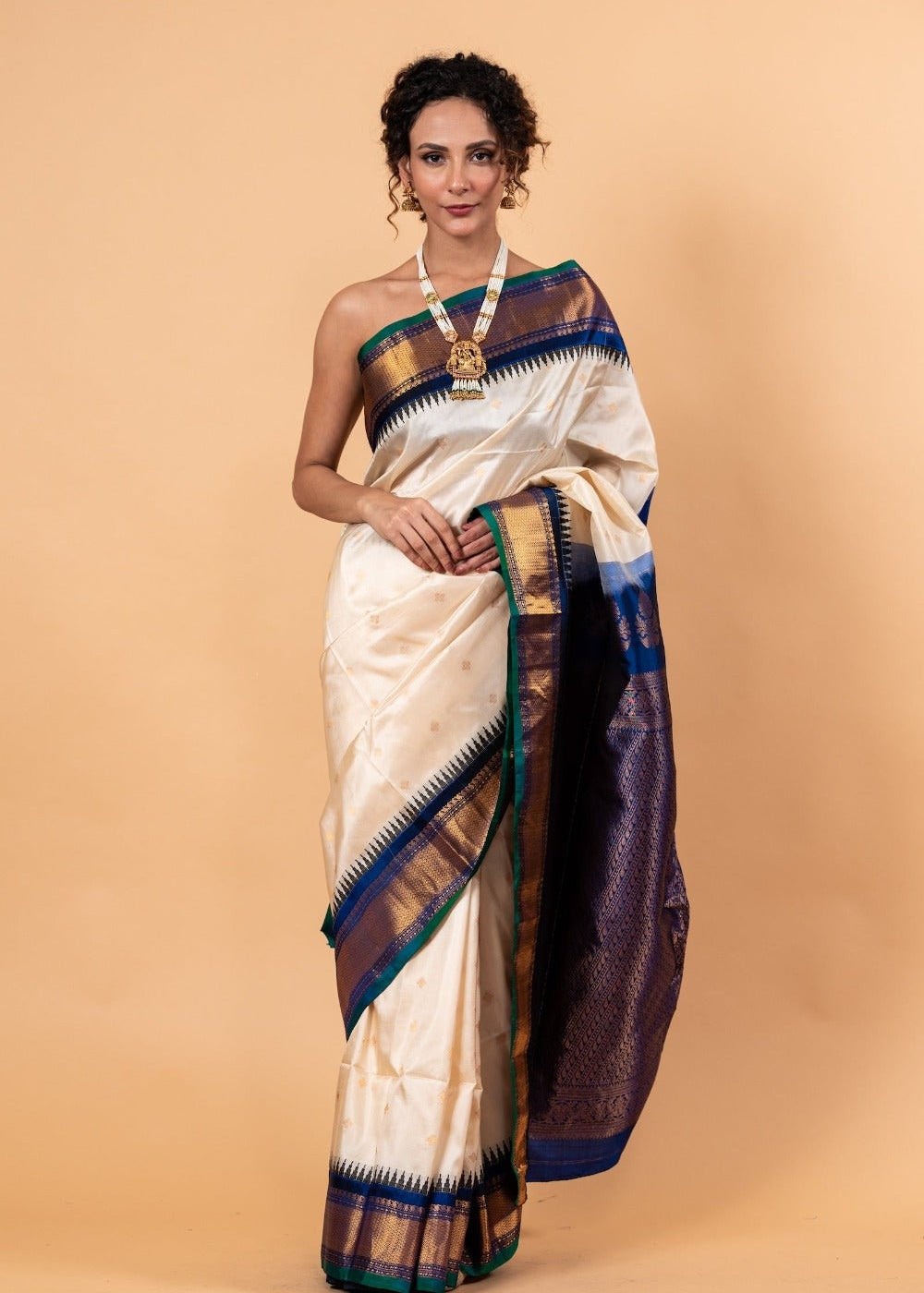 Pearl White Gadwal Silk Saree with Floral Motifs - Anvi Couture - Image 1