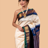 Pearl White Gadwal Silk Saree with Floral Motifs - Anvi Couture - Image 2