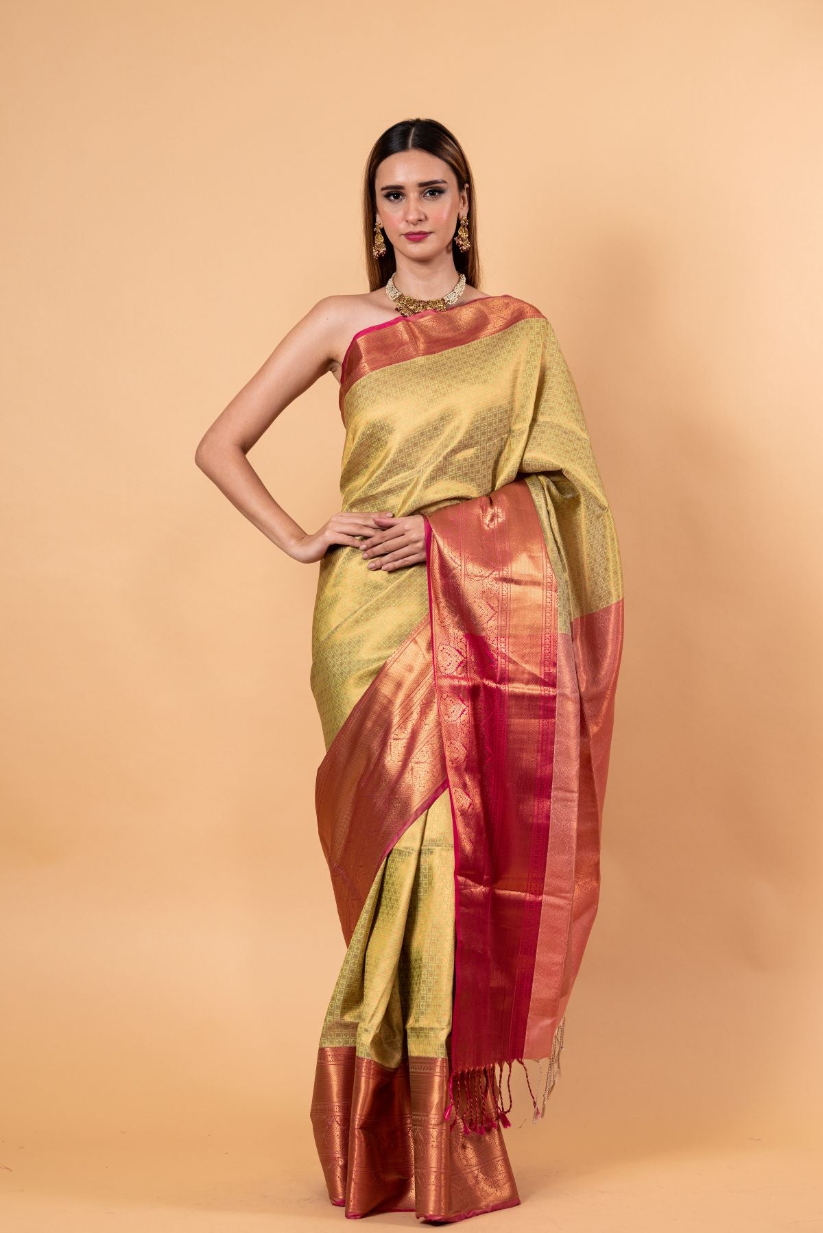 Light Green Kanjivaram Silk Saree with Gold and Pink Border - Anvi Couture