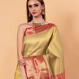 Light Green Kanjivaram Silk Saree with Gold and Pink Border - Anvi Couture