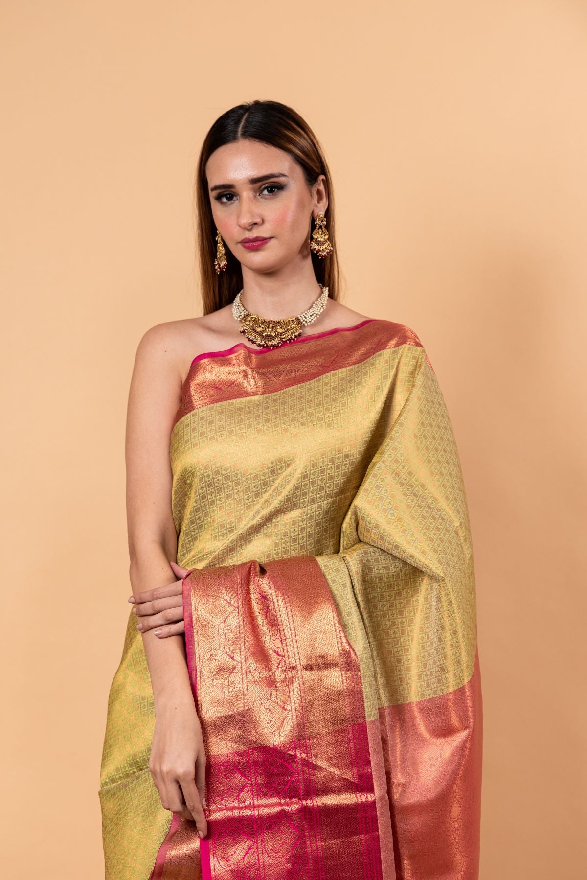 Light Green Kanjivaram Silk Saree with Gold and Pink Border - Anvi Couture