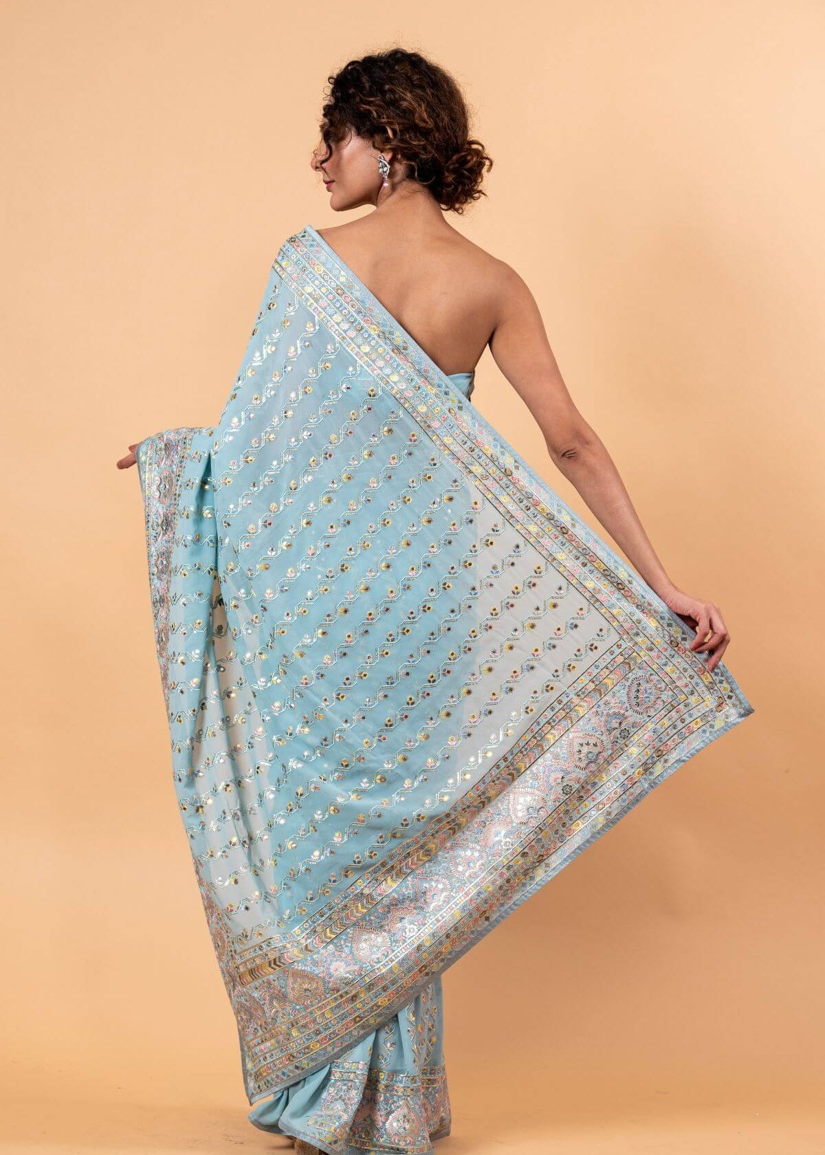 Blue Georgette Saree with Multicolor Floral Embroidery and Mirror Work - Anvi Couture