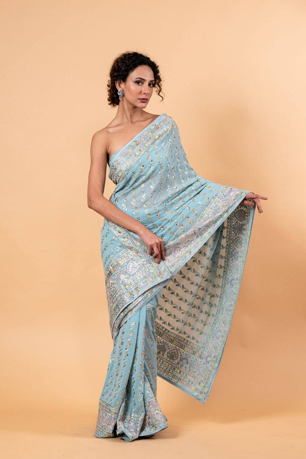 Blue Georgette Saree with Multicolor Floral Embroidery and Mirror Work - Anvi Couture