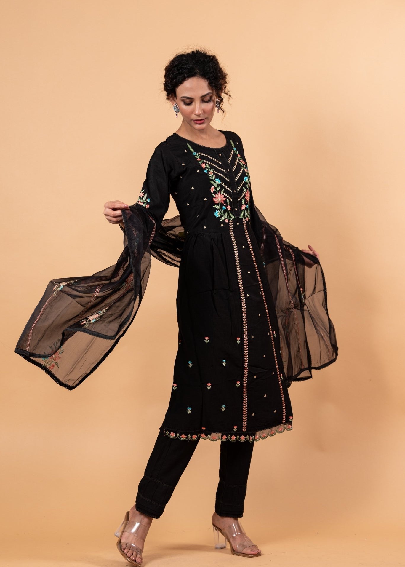 Black Anarkali Floral Embroidery Kurti Set - Anvi Couture