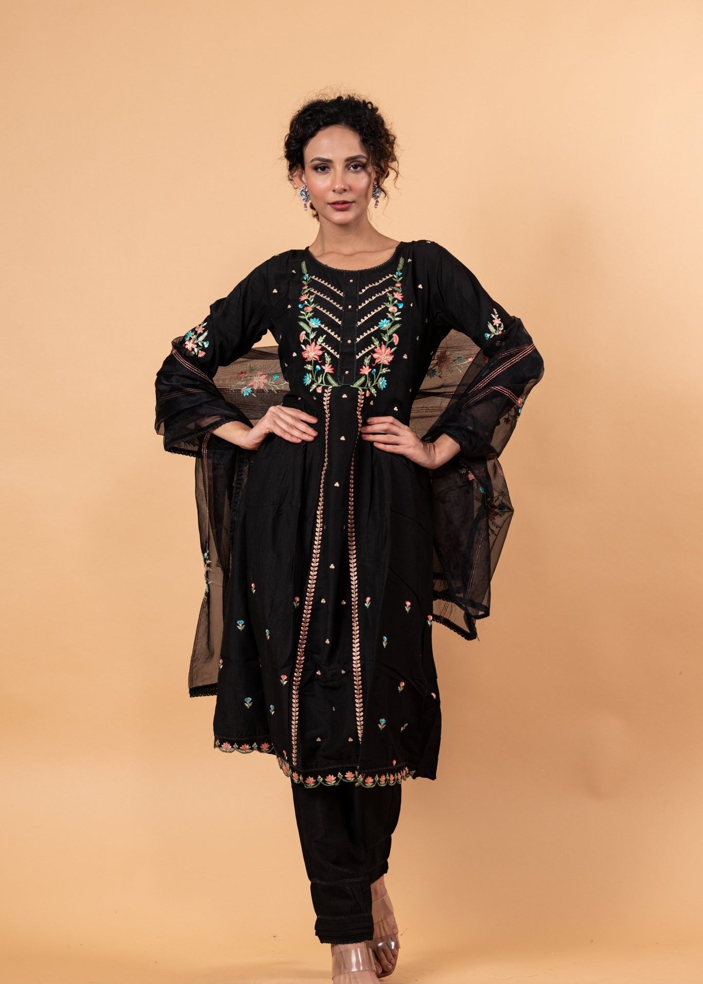 Black Anarkali Floral Embroidery Kurti Set - Anvi Couture