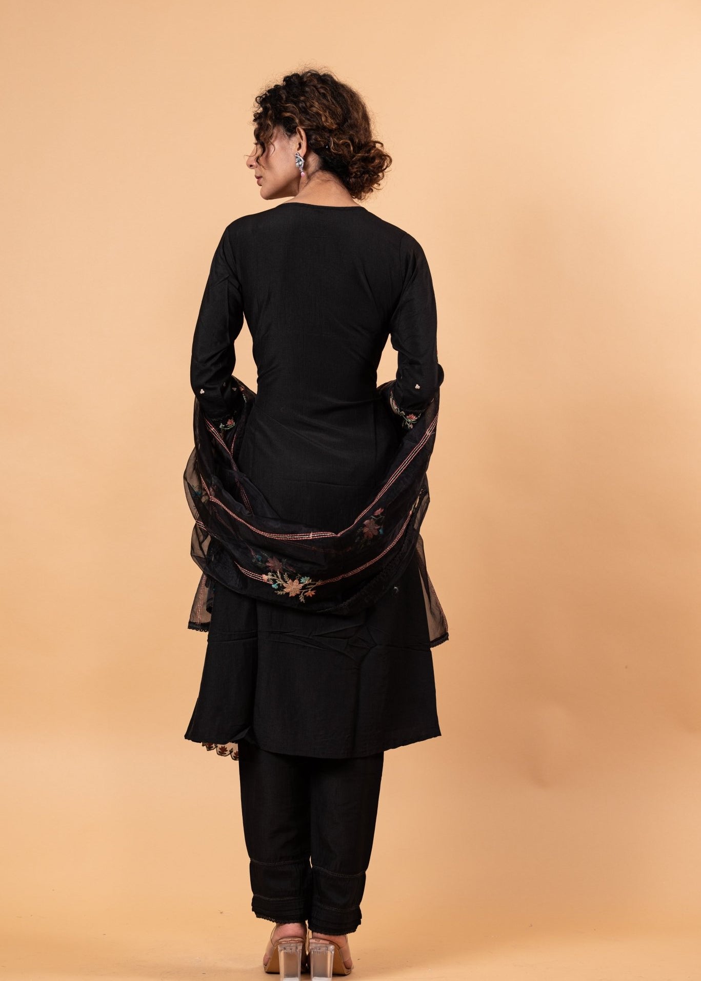 Black Anarkali Floral Embroidery Kurti Set - Anvi Couture