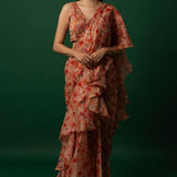 Floral Printed Organza Saree with Hand Embroidered Stitched Blouse - Image 1