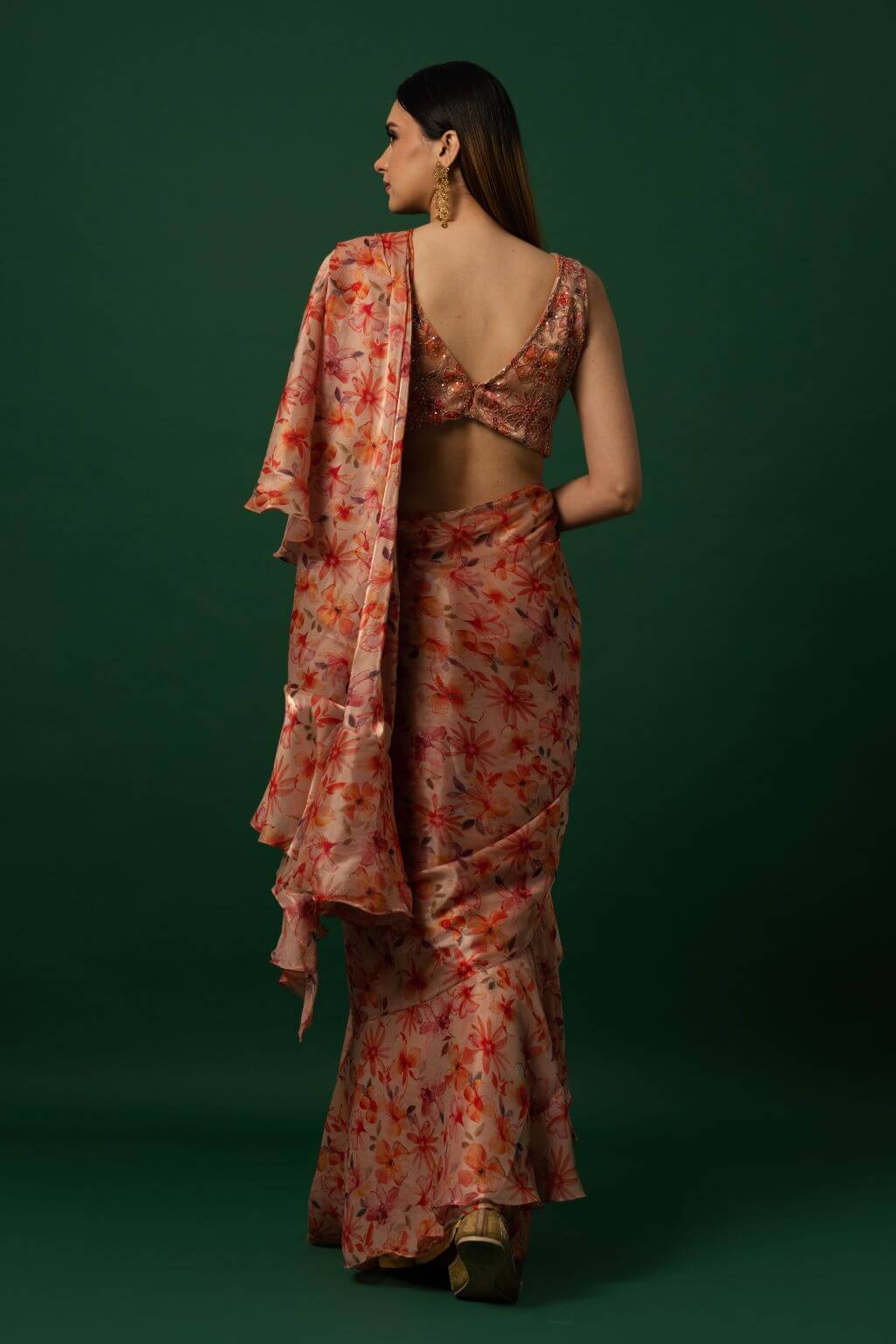 Floral Printed Organza Saree with Hand Embroidered Stitched Blouse - Image 3