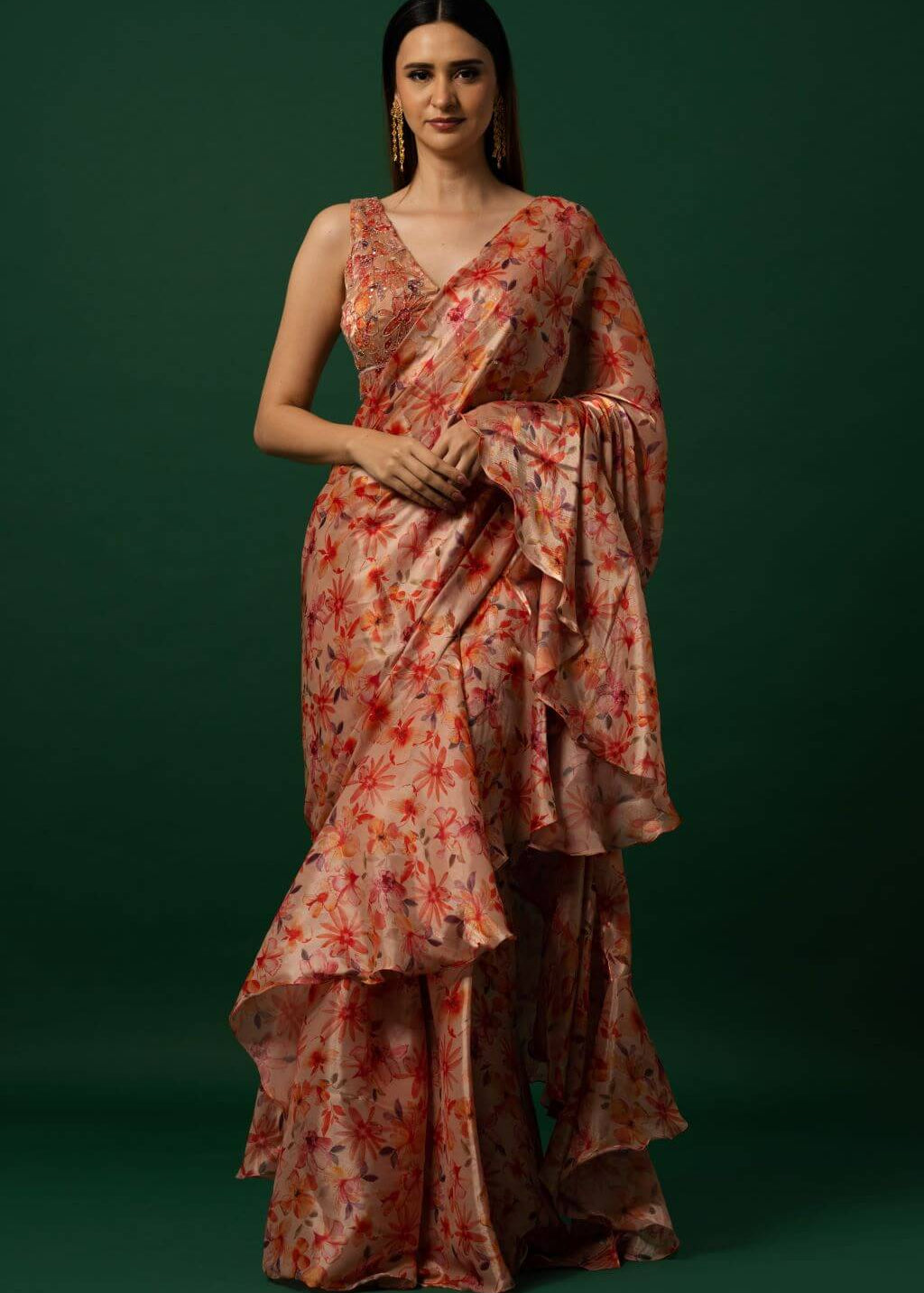 Floral Printed Organza Saree with Hand Embroidered Stitched Blouse - Image 2
