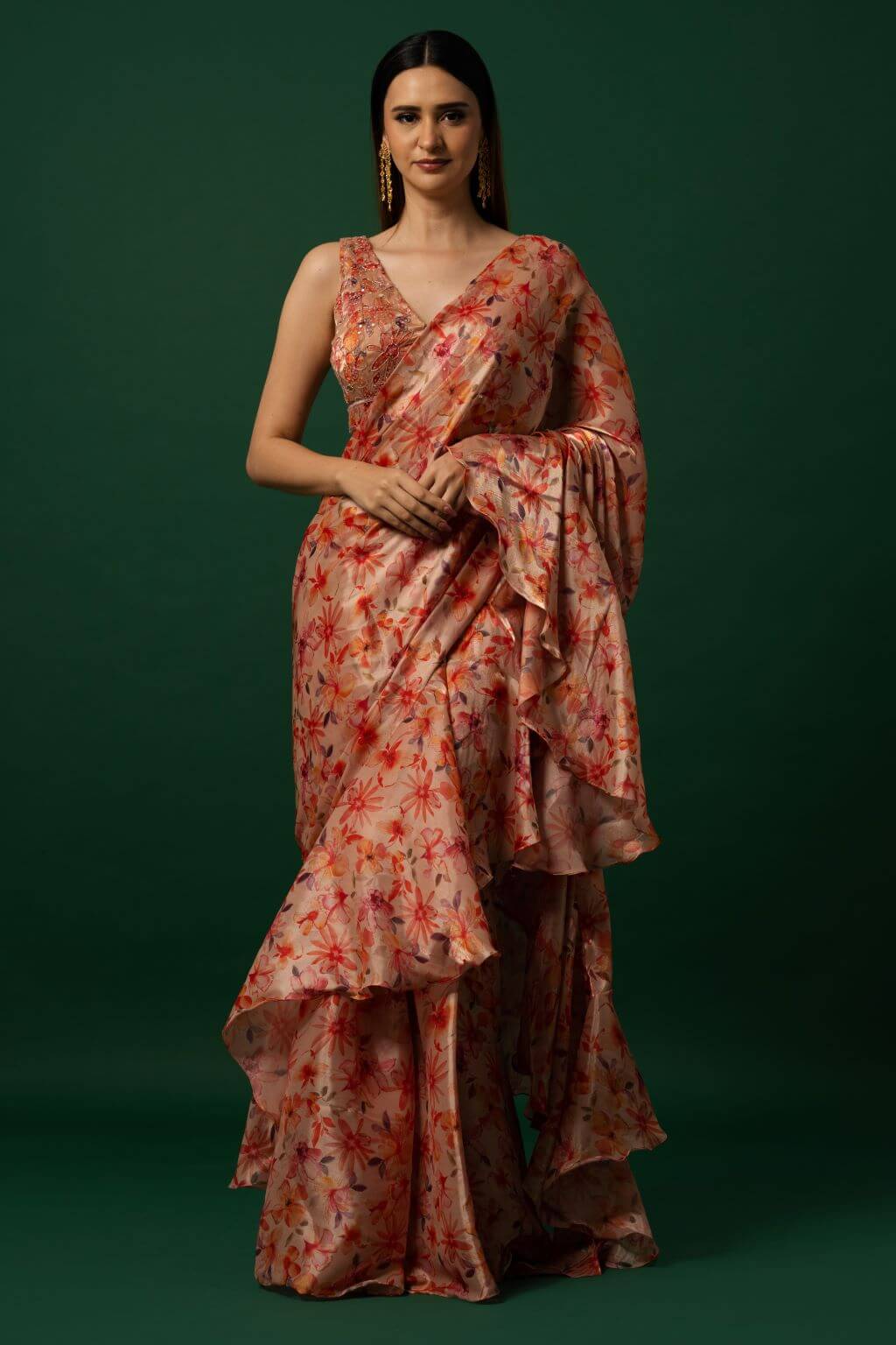 Floral Printed Organza Saree with Hand Embroidered Stitched Blouse - Image 2
