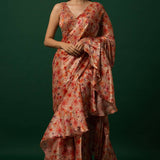 Floral Printed Organza Saree with Hand Embroidered Stitched Blouse - Image 2