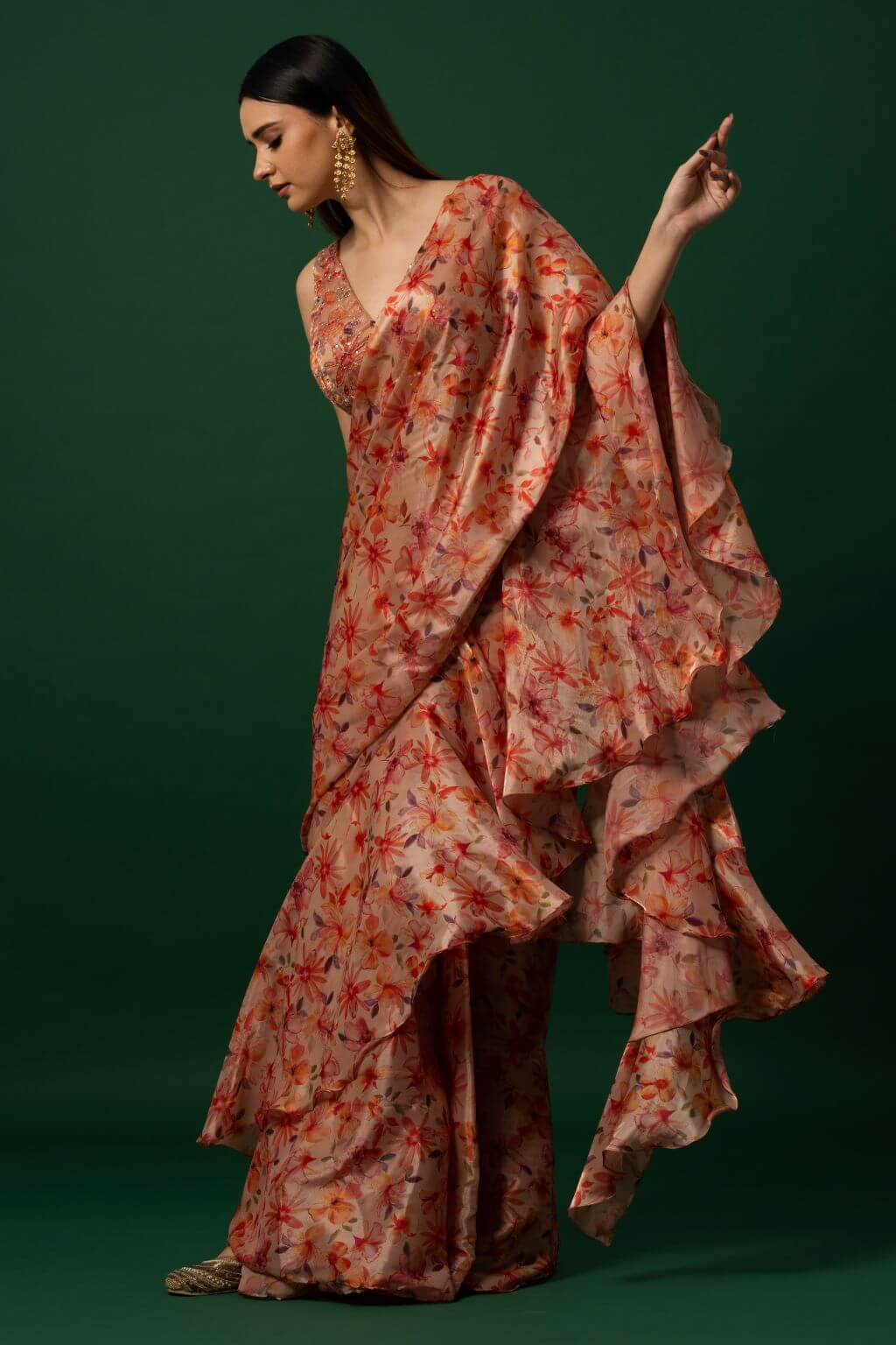 Floral Printed Organza Saree with Hand Embroidered Stitched Blouse - Image 4