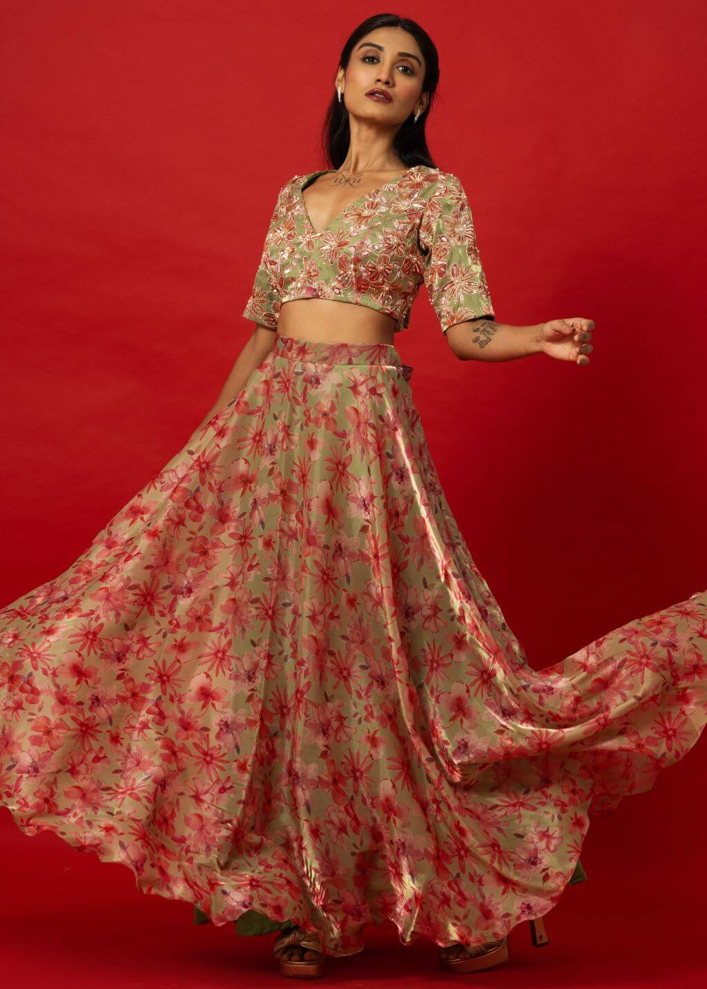 Green Floral Print Lehenga Set with Intricate Zardozi Embroidery Work Top
