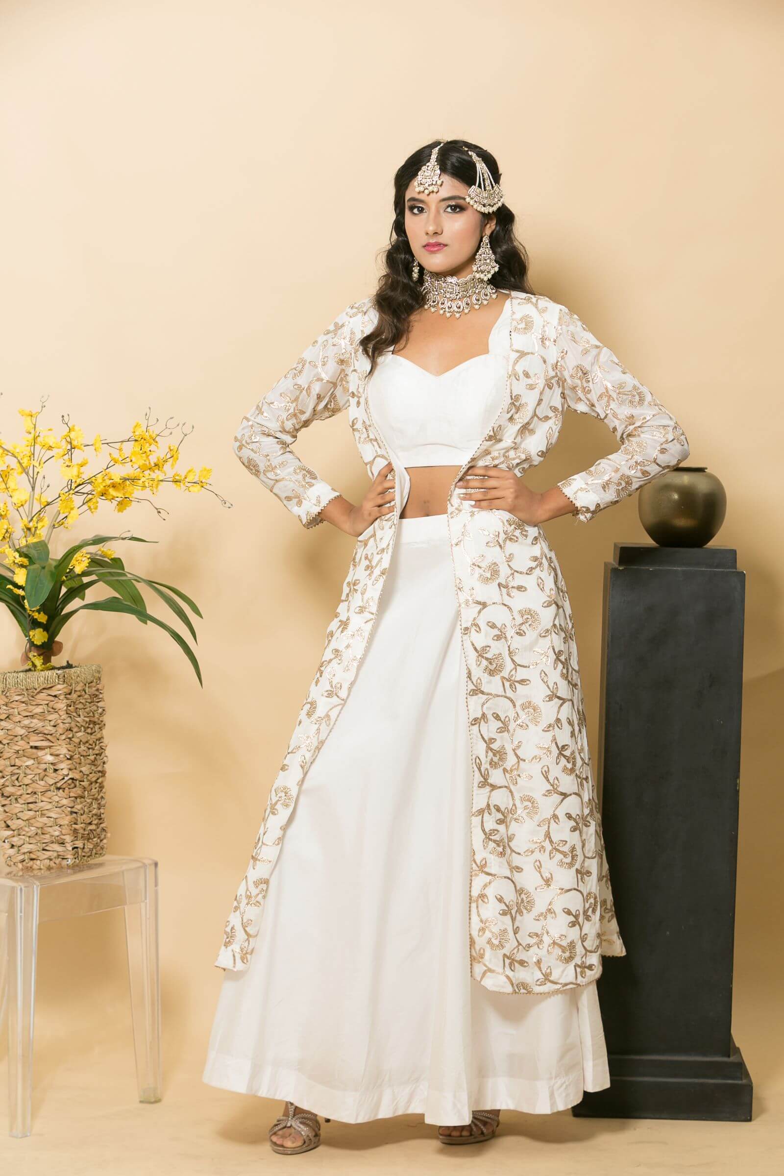 White Designer Dress With Golden Embroidered Jacket M White Designer Dress With Golden Embroidered Jacket M