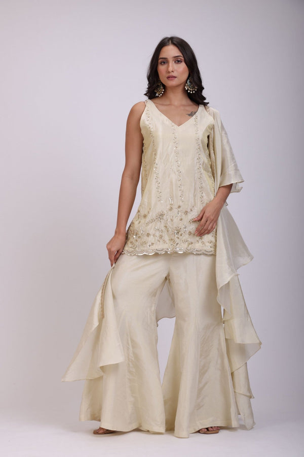 Off White Embroidered Sharara Set With Dupatta - Anvi Couture