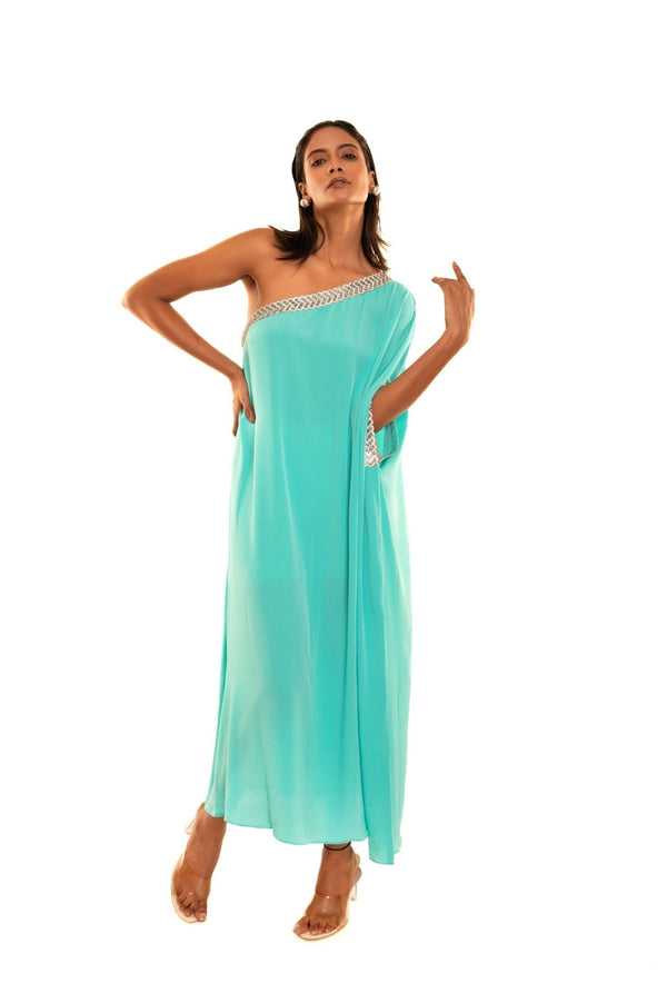 Aqua Blue One Shoulder Kaftan Dress - Anvi Couture