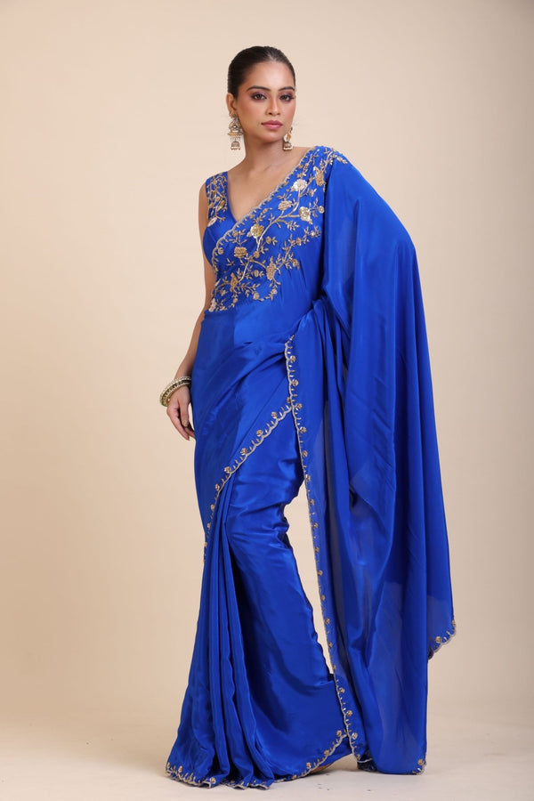 Azure Blue Pure Crepe Silk Saree with Hand Embroidered Work - Anvi Couture
