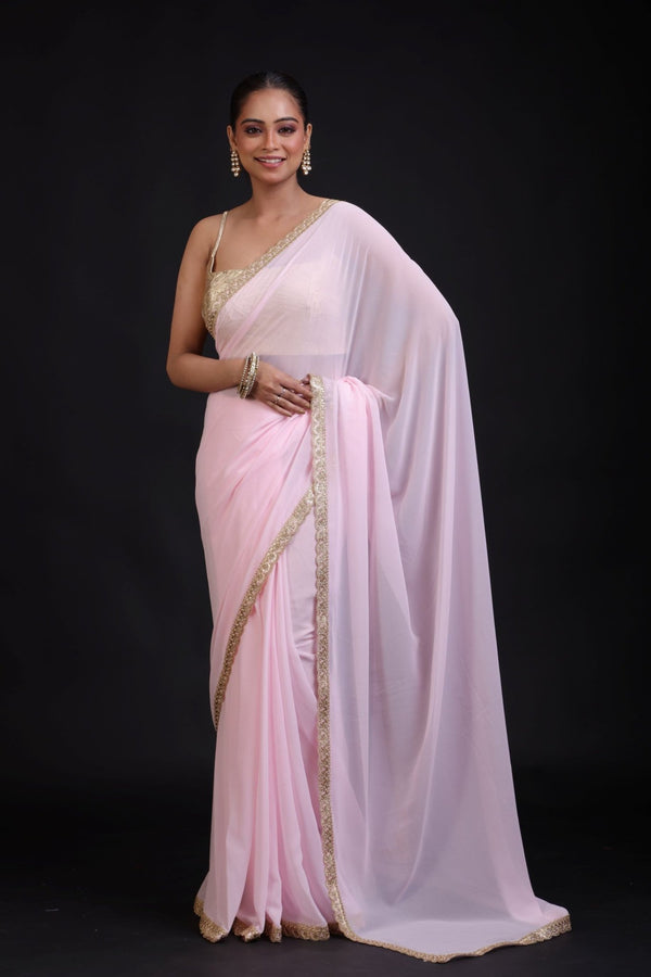 Baby Pink Georgette Saree with Golden Cutdana Lace Border - Anvi Couture