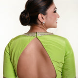 Mint Green Blouse with V Neckline and Embroidered Back Cutout and Half Sleeves - Anvi Couture