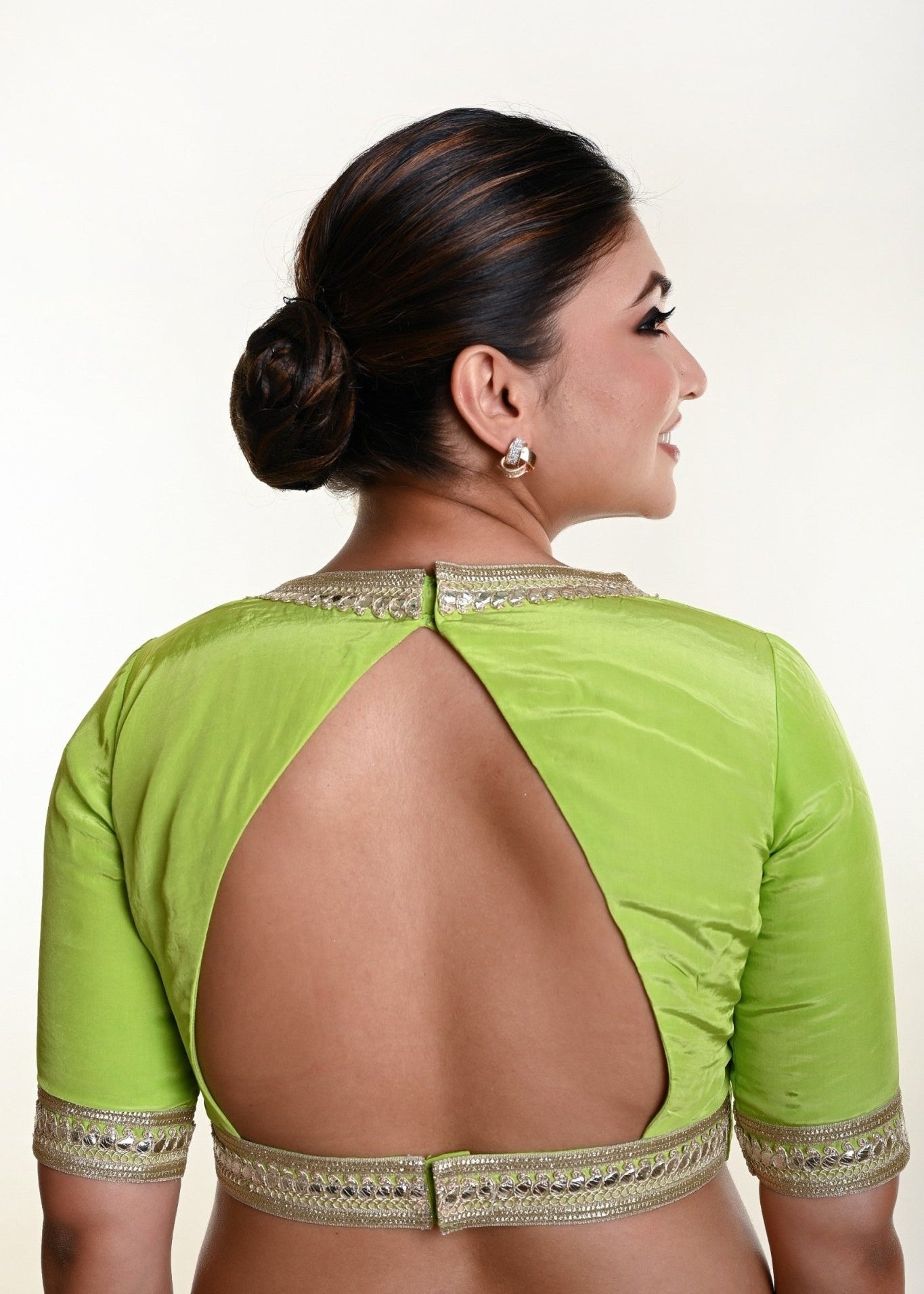 Mint Green Blouse with V Neckline and Embroidered Back Cutout and Half Sleeves - Anvi Couture
