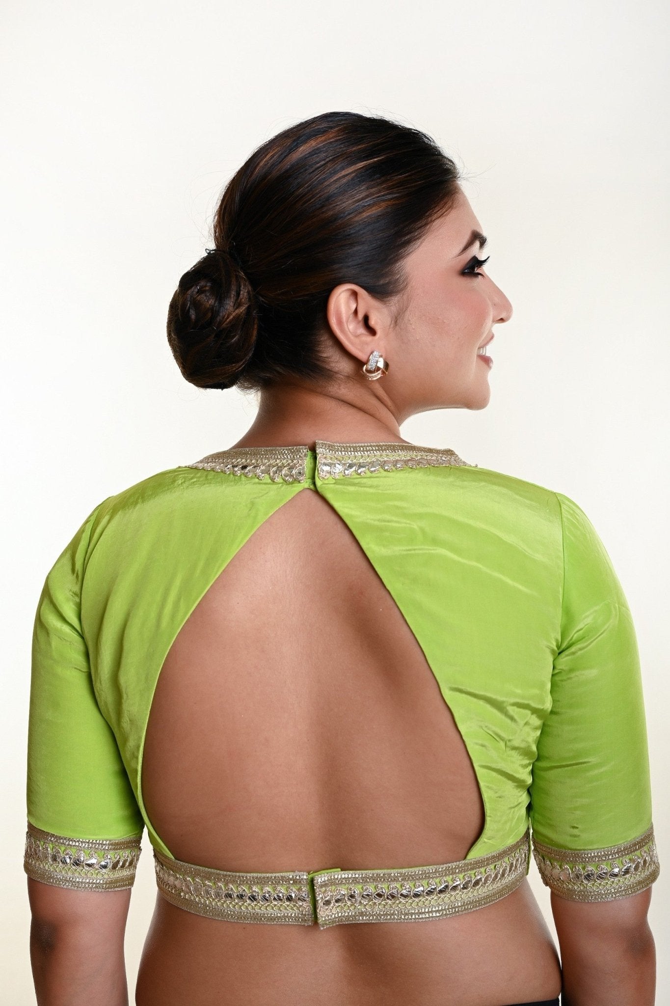 Mint Green Blouse with V Neckline and Embroidered Back Cutout and Half Sleeves - Anvi Couture