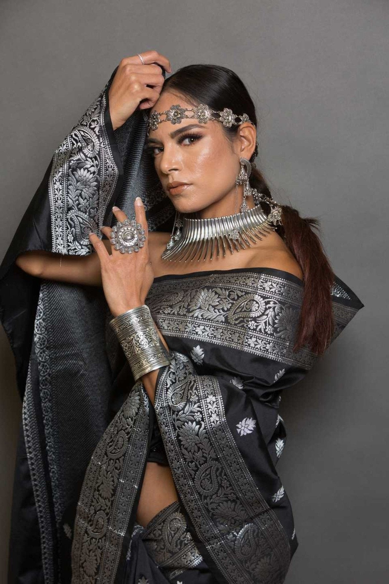 Black & Silver Katan Banarasi Silk