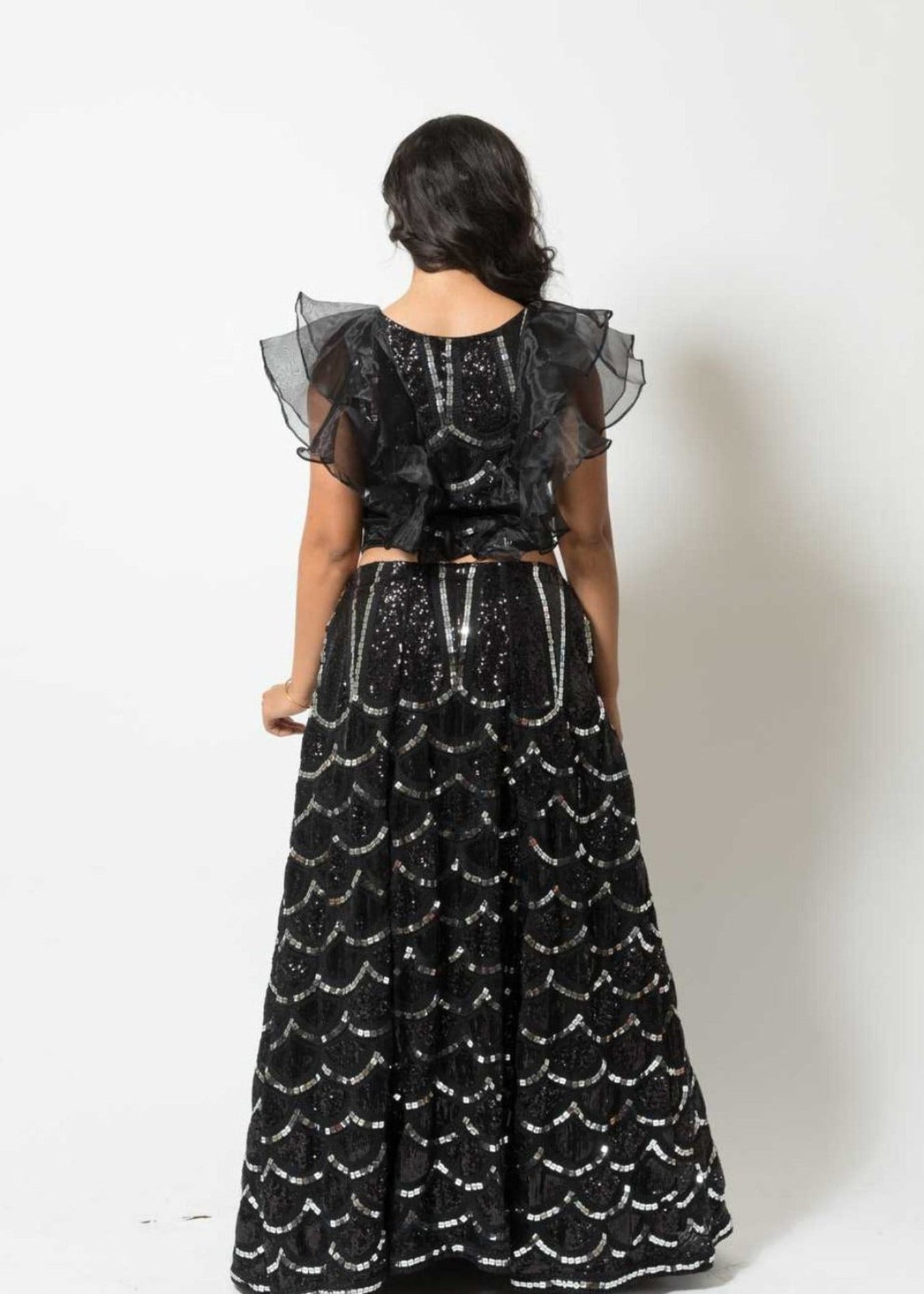 Black Fusion Lehenga with Sequin embroidery and Ruffle blouse - Anvi Couture