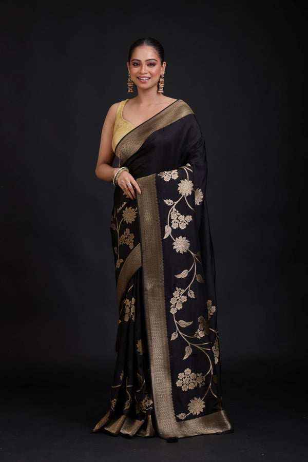 Black Banarasi Silk Saree With Golden Floral Woven - Anvi Couture