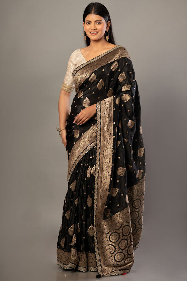 Black Banarsi Saree with Golden Floral Weaved and Embroidered Border Full