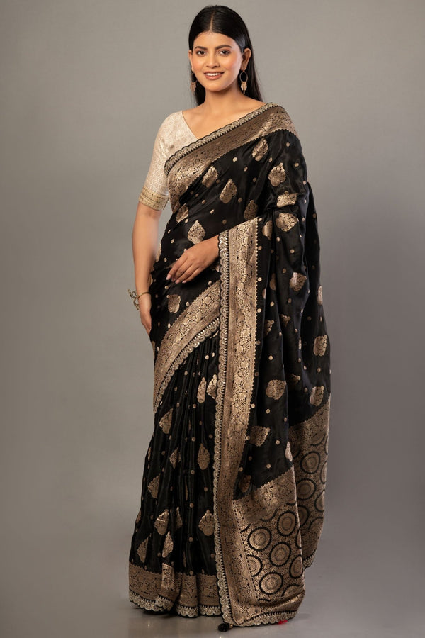 Black Banarsi Saree with Golden Floral Weaved and Embroidered Border - Anvi Couture