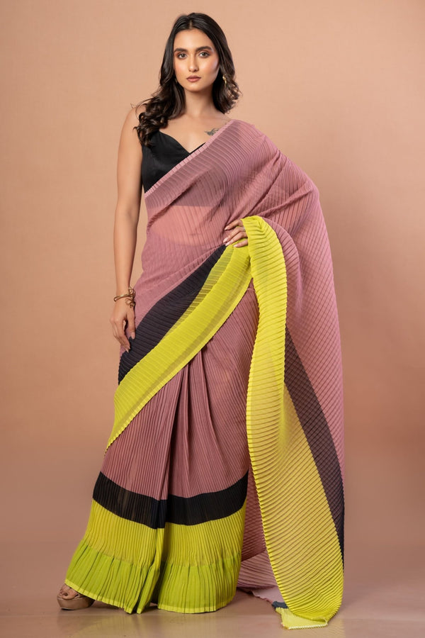 Black, Brown and Green Pleated Pure Georgette Saree - Anvi Couture