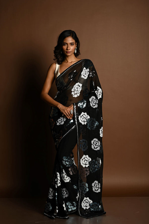 Black Chiffon Saree with Silver and Blue Floral Sequin Work – front drape view