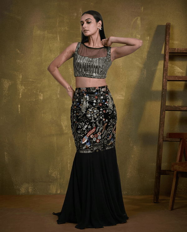 Black Mermaid Style Fishtail Lehenga with Multicolor Thread Embroidery
